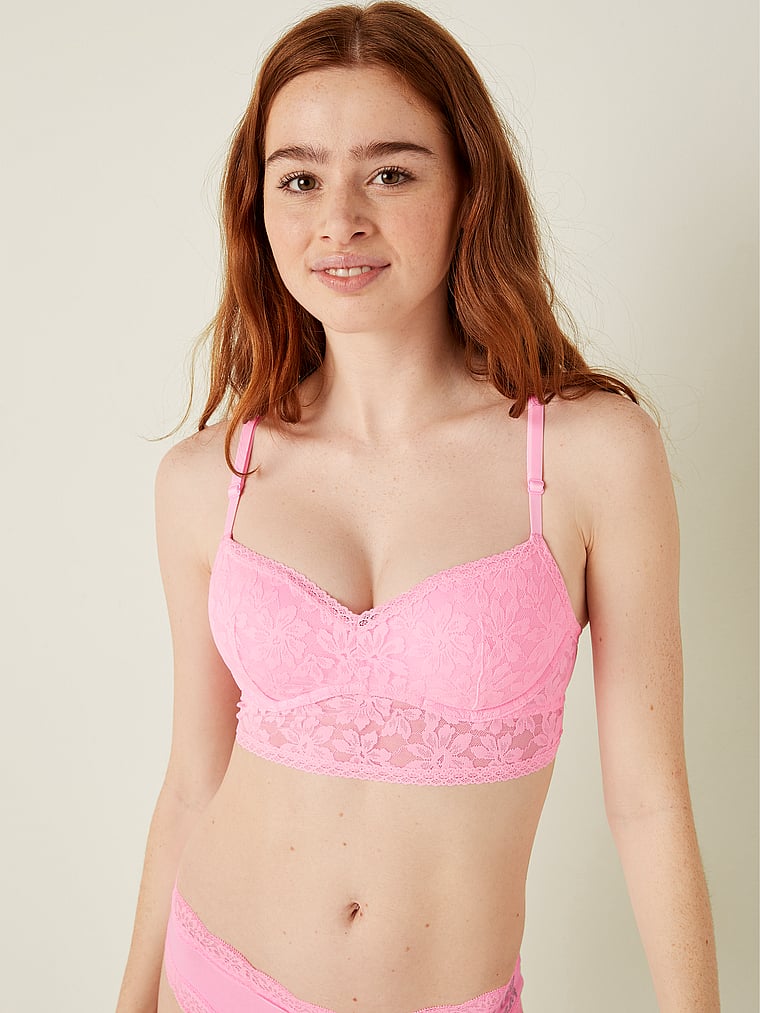 Details about   Victorias Secret PINK Wireless Lace Smoked Removable Pad Bralette Bra M Red