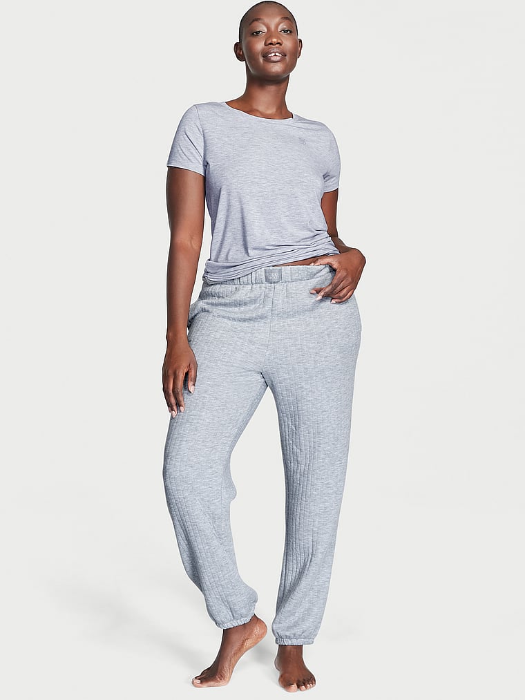 Victoria's Secret, Victoria's Secret new Quilted Tee-jama Set, Heather Grey, onModelFront, 1 of 3 Arame is 5'11" and wears L/Long