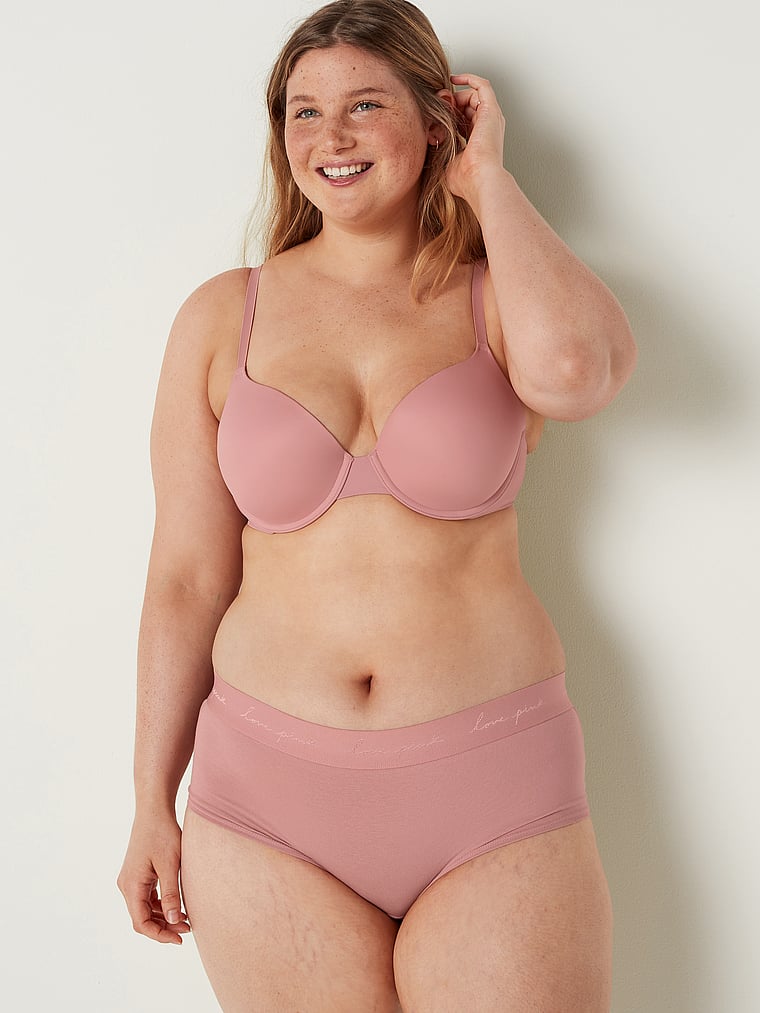 PINK Wear Everywhere Wear Everywhere T-Shirt Lightly-Lined Bra, Damsel Pink, onModelFront, 1 of 6 Amelia is 5'10" and wears 38DD (E) or Large