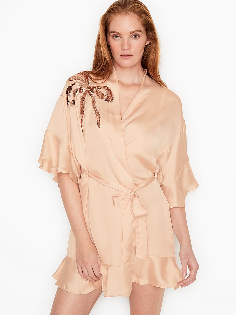 Buy Embellished Bow Short Satin Flounce Robe, - Order undefined online ...
