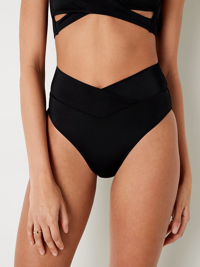 PINK V Crossover High-Waist Bikini Bottom, Pure Black, onModelSide, 6 of 6 Aalyah is 5'10" and wears Small