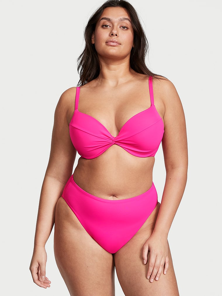 Victoria's Secret, Victoria's Secret Swim Mix-and-Match Twist Removable Push-Up Bikini Top, Forever Pink, onModelFront, 1 of 4 Karmi is 5'10" and wears 34DD (E) or Large