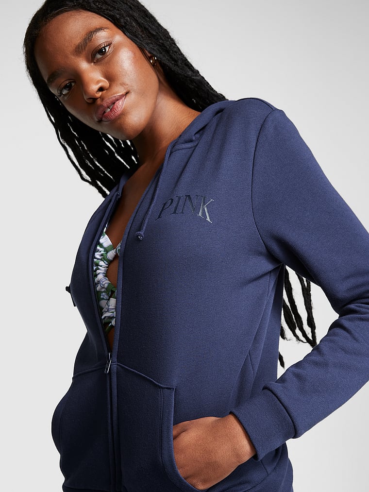 PINK Everyday Fleece Zip-Up Hoodie, Midnight Navy, onModelFront, 1 of 5 Julia is 5'11" and wears Small