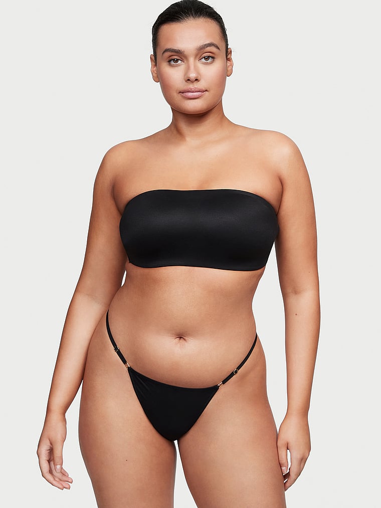 Victoria's Secret, Love Cloud Adjustable String Thong Panty, Black, onModelFront, 3 of 4 Karmi is 5'10" or 178cm and wears Large