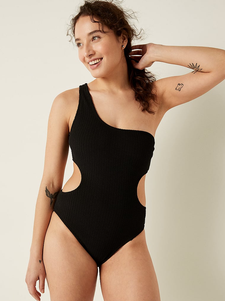 Crinkle One Shoulder One Piece Swimsuit