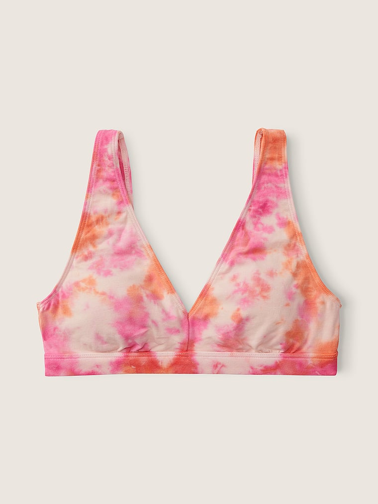 PINK Bralettes & Bra Tops Loungin' Cotton Plunge Bralette, Peach Tint Tie Dye, offModelFront, 4 of 4