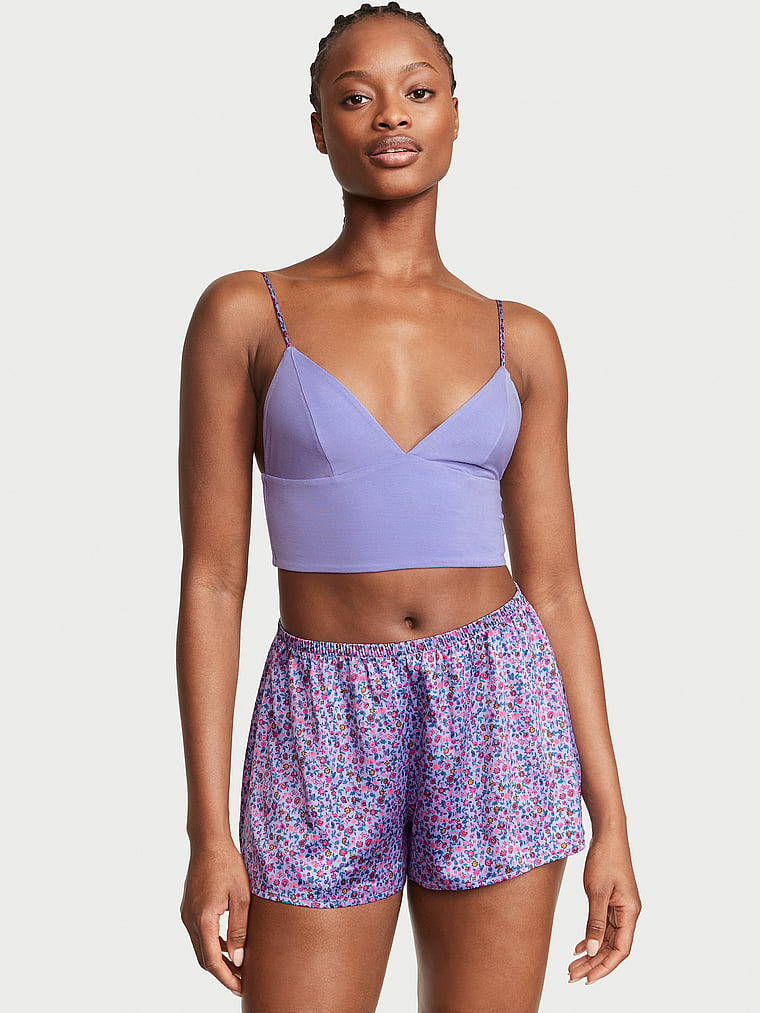 Victoria's Secret, Victoria's Secret Modal Cropped Cami Satin Shorts Set, Periwinkle Ditsy, onModelFront, 1 of 3 Mayowa is 5'11" and wears S/Long