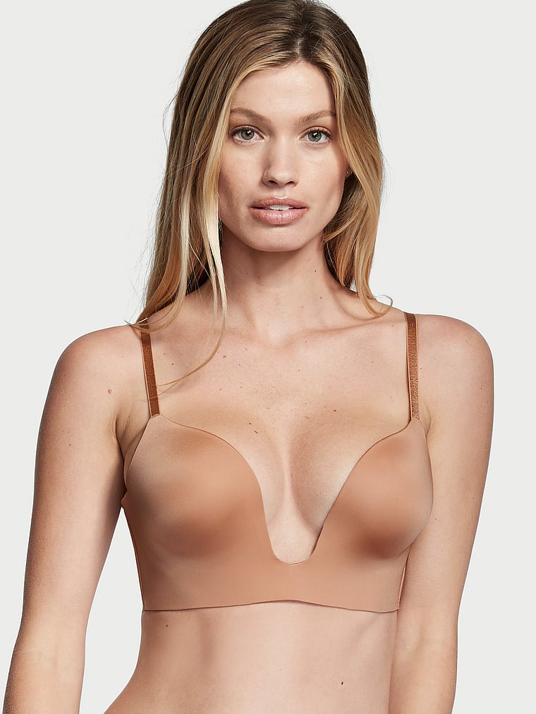 Victoria's Secret, Victoria's Secret Bare Plunge Low-Back Bra, Praline, onModelFront, 3 of 4 Maggie is 5'7" or 170cm and wears 32B or Small