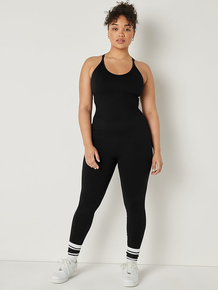 PINK Seamless Workout Onesie, Pure Black, onModelFront, 1 of 4 Kennedy is 5'7" and wears Large