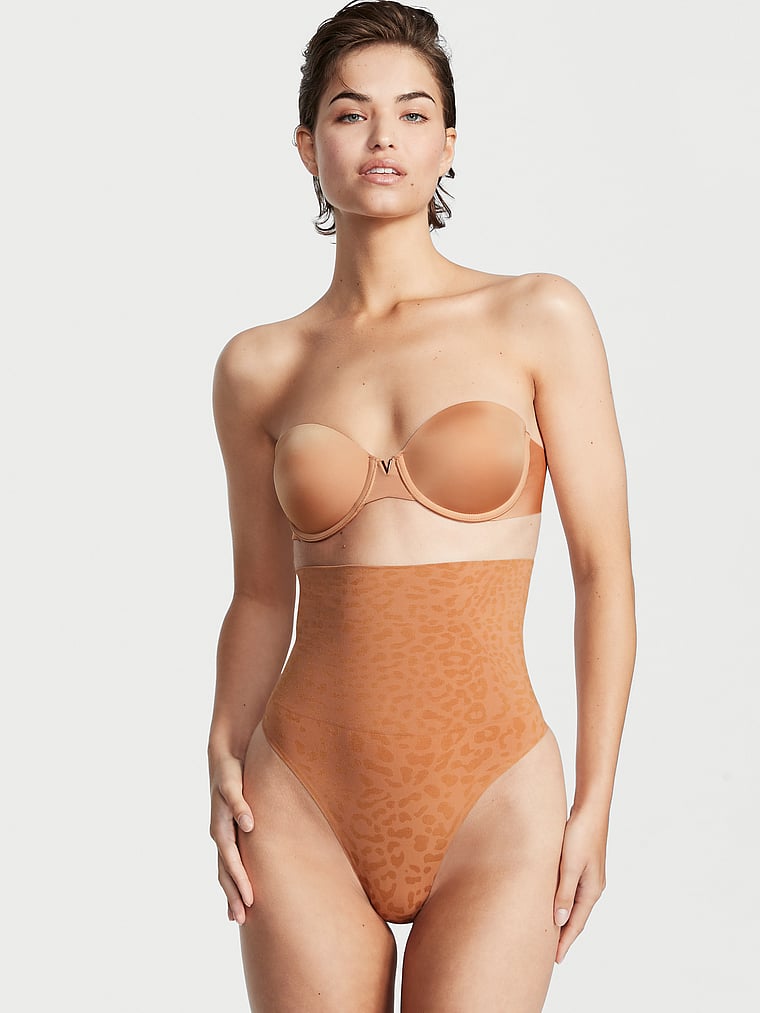 Victoria's Secret, Victoria's Secret High-Waist Seamless Thong Panty, Beige, onModelFront, 1 of 4