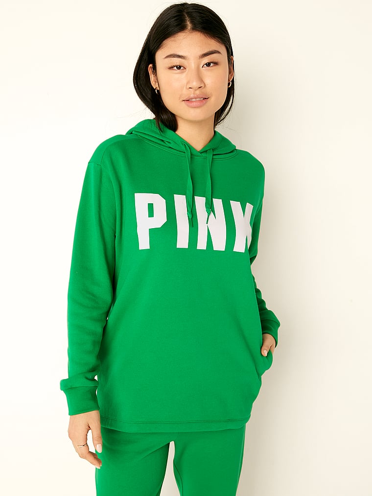 PINK Fleece Campus Hoodie, Happy Camper Sans Logo, onModelFront, 1 of 4 Gloria is 5'9" and wears Small