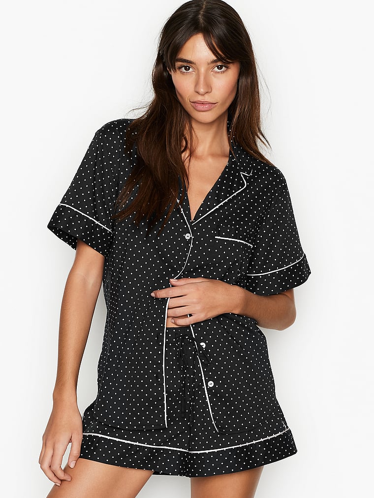 Victoria's Secret, Victoria's Secret Cotton PJ Set, Black/Mauve Chalk Mini Dots, onModelFront, 1 of 3