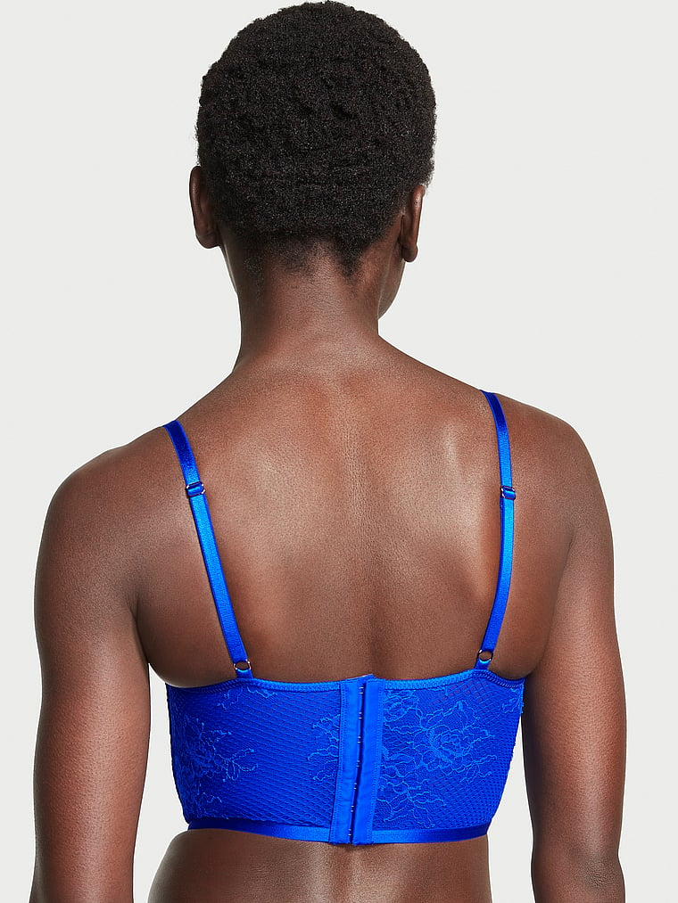 Victoria's Secret, Very Sexy Bombshell Strappy Fishnet Lace Push-Up Corset Top, Blue Oar, onModelBack, 5 of 5 Wayne is 5'10" and wears 32B or Small