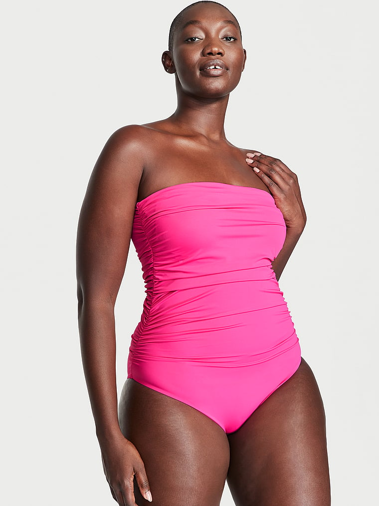 Victoria's Secret, Victoria's Secret Swim Ruched One-Piece Swimsuit, Forever Pink, onModelFront, 1 of 3 Arame is 5'11" and wears Medium