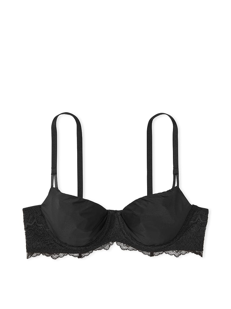 Victoria's Secret, Dream Angels Wicked Unlined Smooth & Lace Balconette Bra, Black, offModelFront, 3 of 4