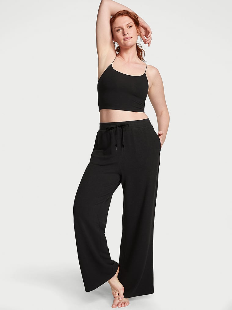 Victoria's Secret, Victoria's Secret Double Waffle Knit Wide-Leg Pants, Pure Black, onModelFront, 1 of 3 Katy is 5'11" or 180cm and wears Large