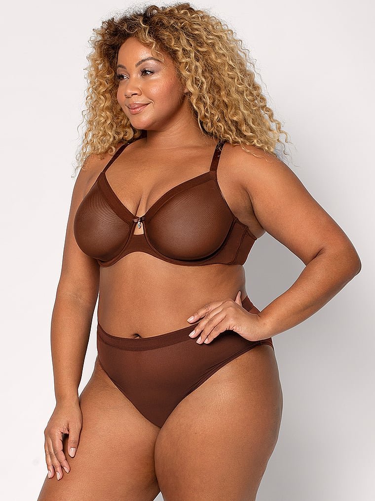 Victoria's Secret, Curvy Couture Sheer Mesh High Leg Brief Panty, Chocolate, onModelFront, 1 of 4
