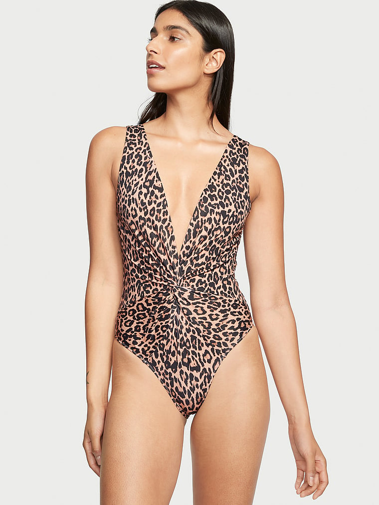 Victoria's Secret, Victoria's Secret Swim Twist Plunge One-Piece Swimsuit, Sexy Leopard, onModelFront, 1 of 3 Anisha is 5'11" and wears Small