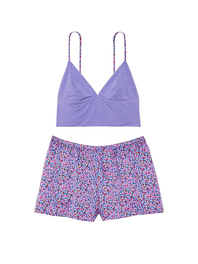 Victoria's Secret, Victoria's Secret Modal Cropped Cami Satin Shorts Set, Periwinkle Ditsy, offModelFront, 3 of 3
