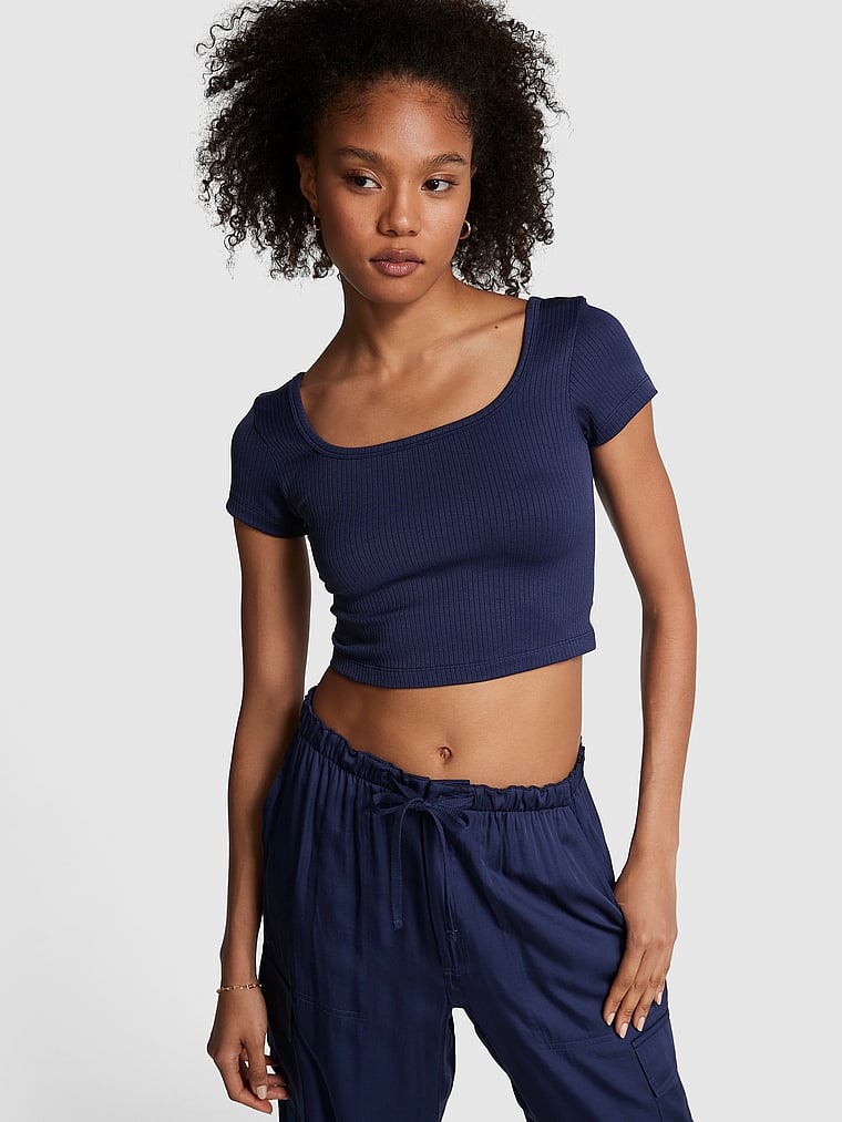 PINK Seamless Rib Short-Sleeve Crop Top, Midnight Navy, onModelFront, 1 of 4 Serguelen is 5'10" and wears Small