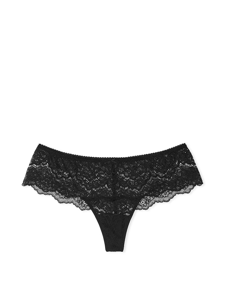 Victoria's Secret, Dream Angels Lace Hipster Thong Panty, Black, offModelFront, 3 of 3