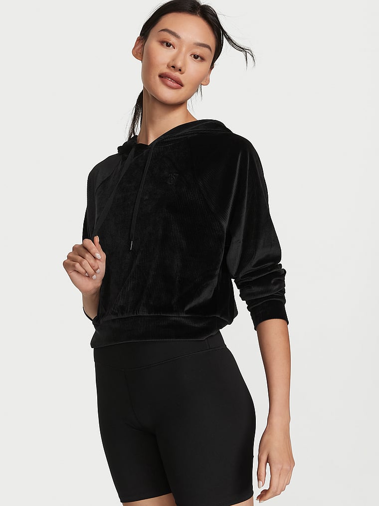 Victoria's Secret, Victoria's Secret Ribbed Velour Pullover Hoodie, Pure Black, onModelFront, 1 of 4 Jessie  is 5'10" or 178cm and wears Small