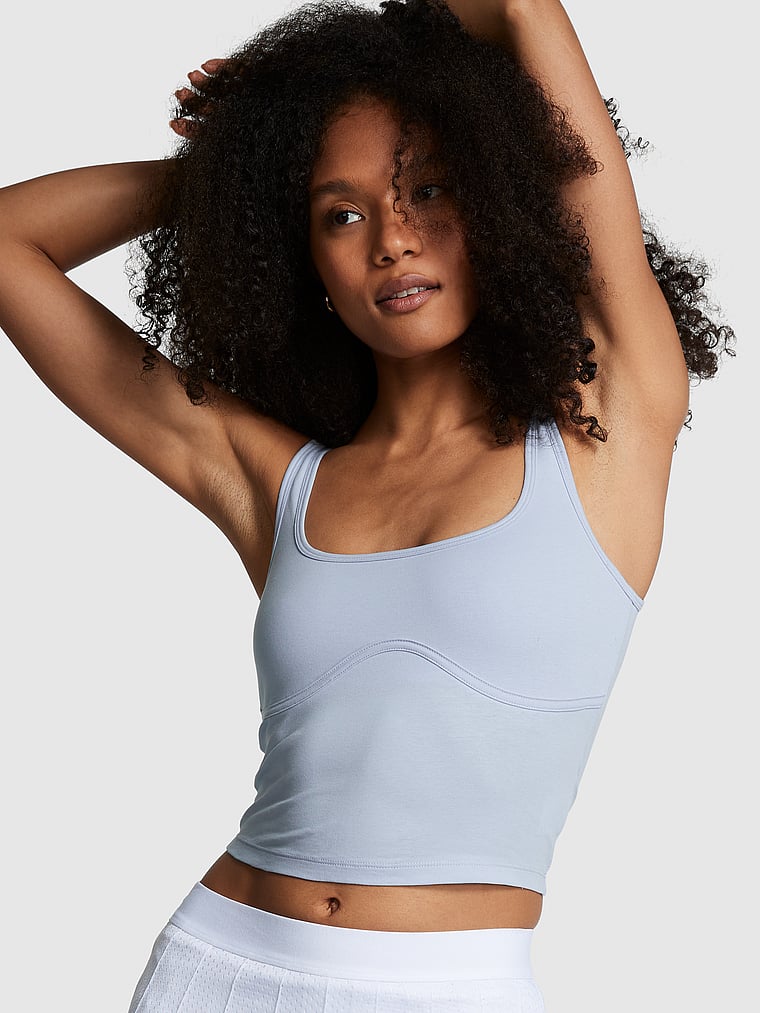 PINK new Cotton Contour Crop Tank Top, Blue Skyway, onModelFront, 1 of 4 Serguelen is 5'10" and wears Small