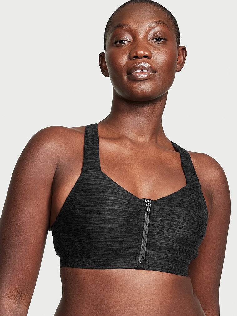 Victoria's Secret, Victoria's Secret Knockout Front-Close Sports Bra, Onyx Gray Heather, onModelFront, 4 of 5 Arame is 5'11" and wears 34B or Medium