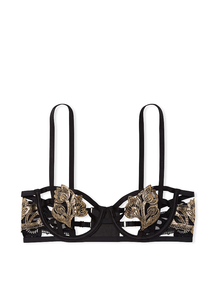 Victoria's Secret, Very Sexy Strappy Embroidered Open Cup Balconette Bra, Black, offModelFront, 3 of 5