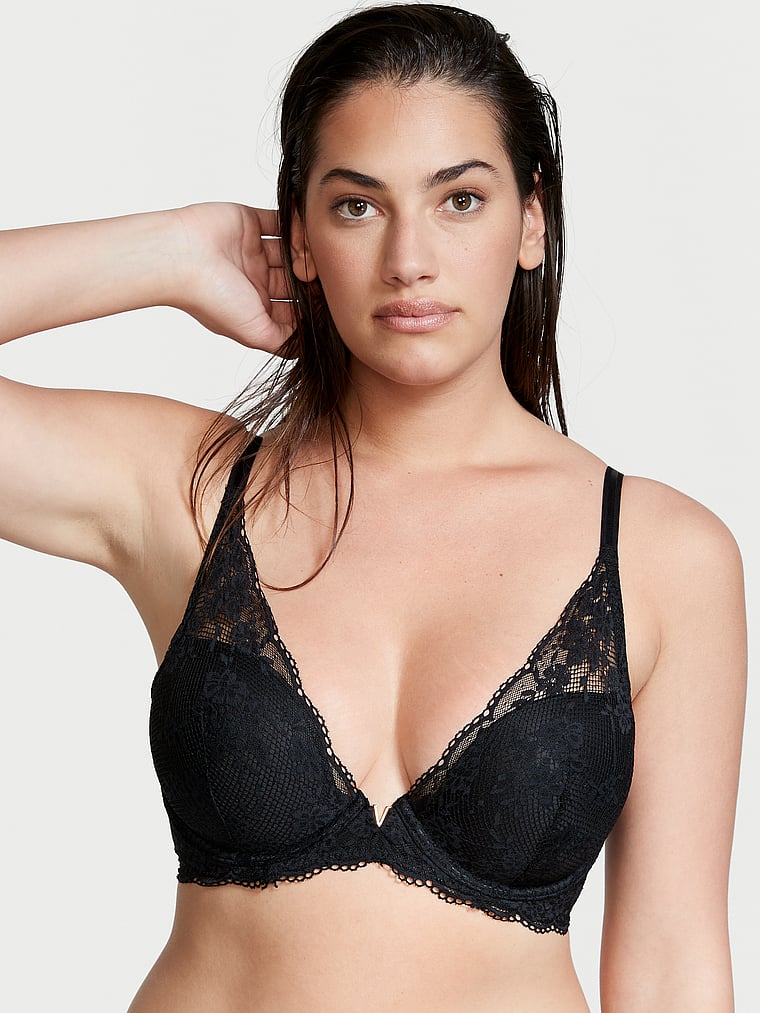 Victoria's Secret, Love Cloud Love Cloud Lightly Lined Plunge Bra, Black, onModelFront, 1 of 7 Lorena is 5'9" and wears 34DD (E) or Large