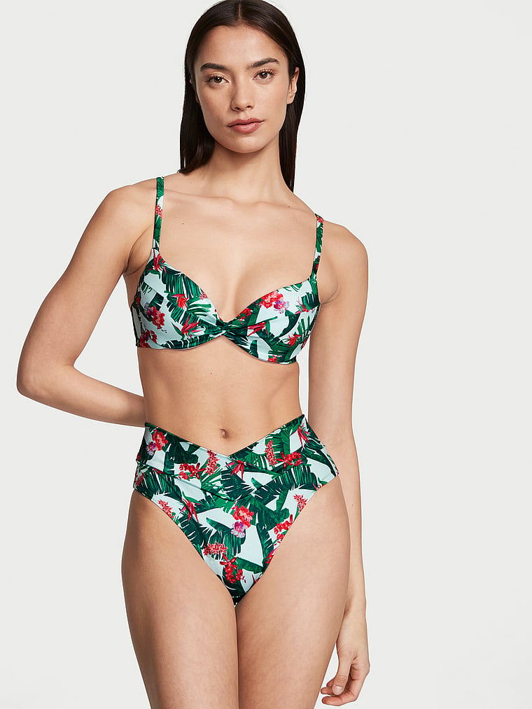 Victoria's Secret, Victoria's Secret Swim Mix-and-Match Twist Removable Push-Up Bikini Top, Blue Palm, onModelFront, 1 of 3 Ame is 5'10" and wears 34B or Small