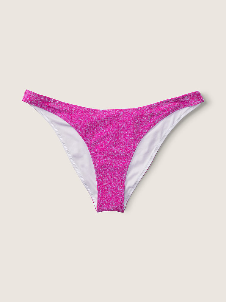 PINK Shimmer Brazilian Bikini Bottom, Dahlia Magenta, offModelFront, 4 of 5