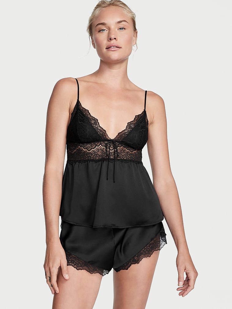 Victoria's Secret, Victoria's Secret Stretch Lace & Satin Cami Set, Black, onModelFront, 1 of 3 Brooke is 5'9" and wears Small