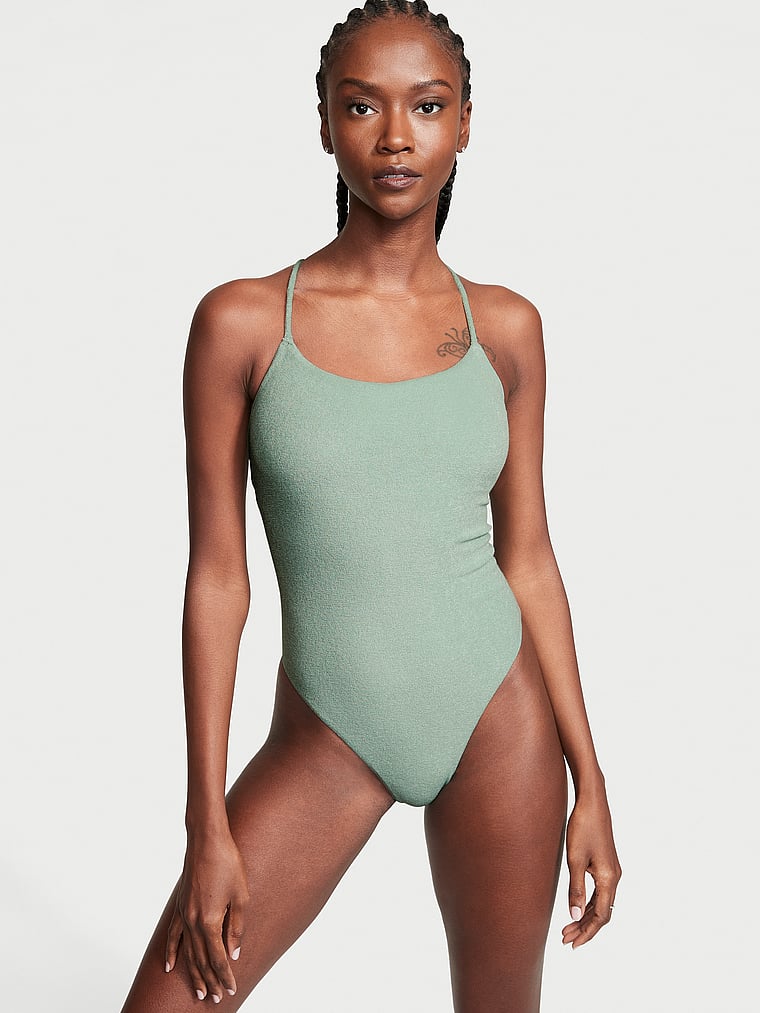 Victoria's Secret, Victoria's Secret Swim Essential Terry Strappy Back Scoop One-Piece, Seasalt Green, onModelFront, 1 of 3 Riley is 5'9" and wears Small