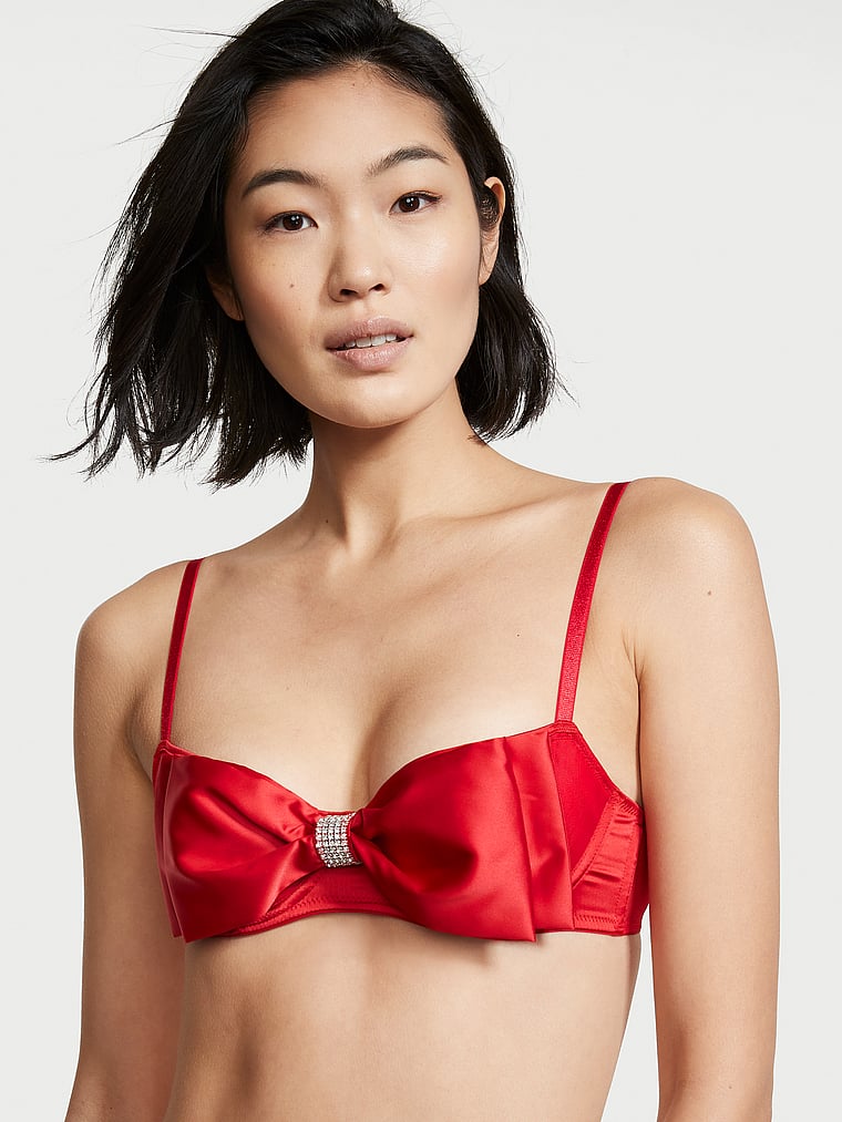 Victoria's Secret, Dream Angels Wicked Unlined Bow Balconette Bra, Lipstick, onModelFront, 3 of 4 Chiharu is 5'10" and wears 34B or Small