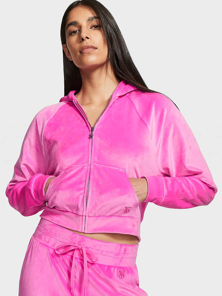 Victoria's Secret Women's Velour Full-Zip Hoodie (Select Medium in Electric Pink Graphic)