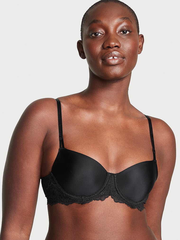 Victoria's Secret, Dream Angels Wicked Unlined Smooth & Lace Balconette Bra, Black, onModelFront, 1 of 4 Arame is 5'11" or 180cm and wears 34B or Medium