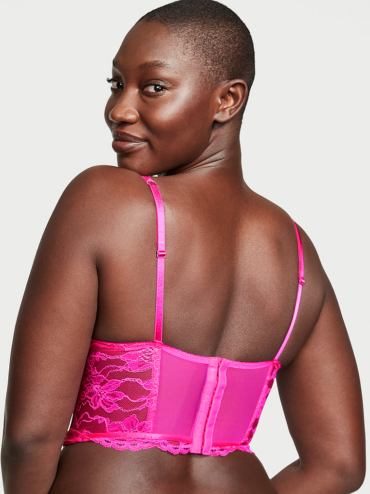 Victoria's Secret, Very Sexy Bombshell Add-2-Cups Push-Up Corset Top, Fuchsia Frenzy, onModelBack, 2 of 4 Arame is 5'11" and wears 34B or Medium
