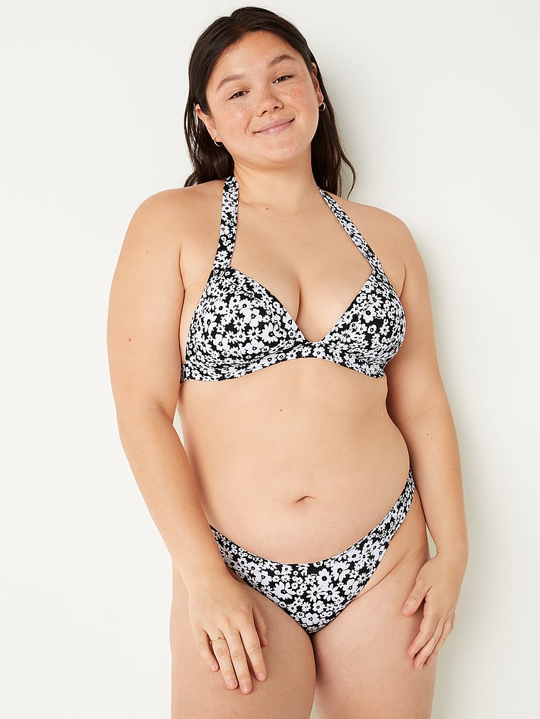 PINK V-Front Itsy Bikini Bottom, Pure Black Daisy, onModelFront, 1 of 5 Anna is 5'8" or 173cm and wears Large