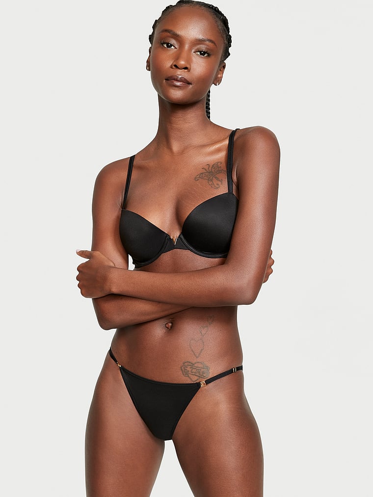 Victoria's Secret, Love Cloud Smooth Lightly Lined Plunge Demi Bra, Black, onModelSide, 4 of 6 Riley is 5'9" and wears 34B or Small