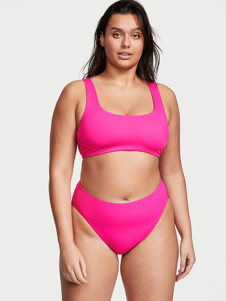 Victoria's Secret, Victoria's Secret Swim Mix-and-Match Scoop Bikini Top, Forever Pink, onModelFront, 1 of 4 Karmi is 5'10" and wears 34DD (E) or Large