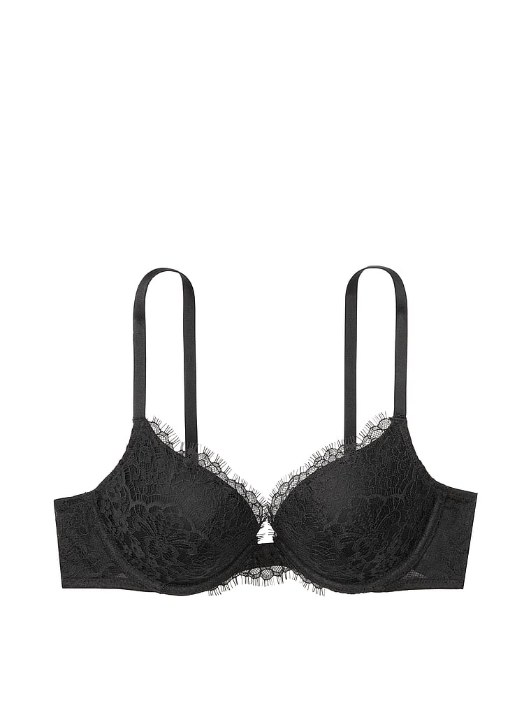 Victoria's Secret, Dream Angels Dotted Mesh Push-Up Bra, Black, offModelFront, 3 of 4