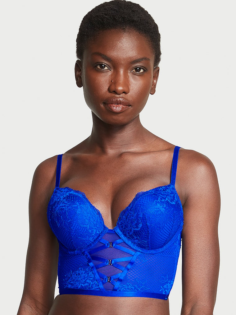 Victoria's Secret, Very Sexy Bombshell Strappy Fishnet Lace Push-Up Corset Top, Blue Oar, onModelFront, 4 of 5 Wayne is 5'10" and wears 32B or Small