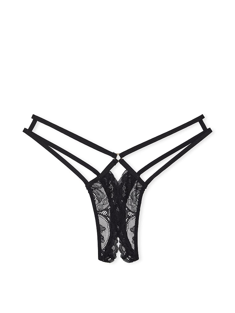 Victoria's Secret, Very Sexy Crotchless Lace Strappy Thong Panty, Black, offModelFront, 3 of 4