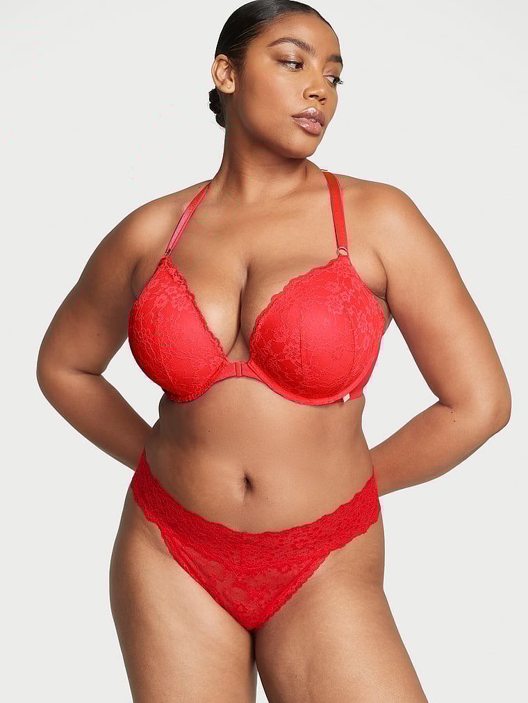 Victoria's Secret, The Lacie Lace Thong Panty, Lipstick Red, onModelFront, 1 of 4 Brianna is 5'10" and wears Large