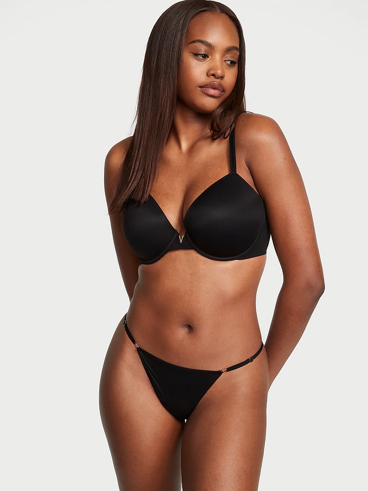 Victoria's Secret, Love Cloud Adjustable String Thong Panty, Black, onModelFront, 1 of 4 Maya is 5'11" and wears Large