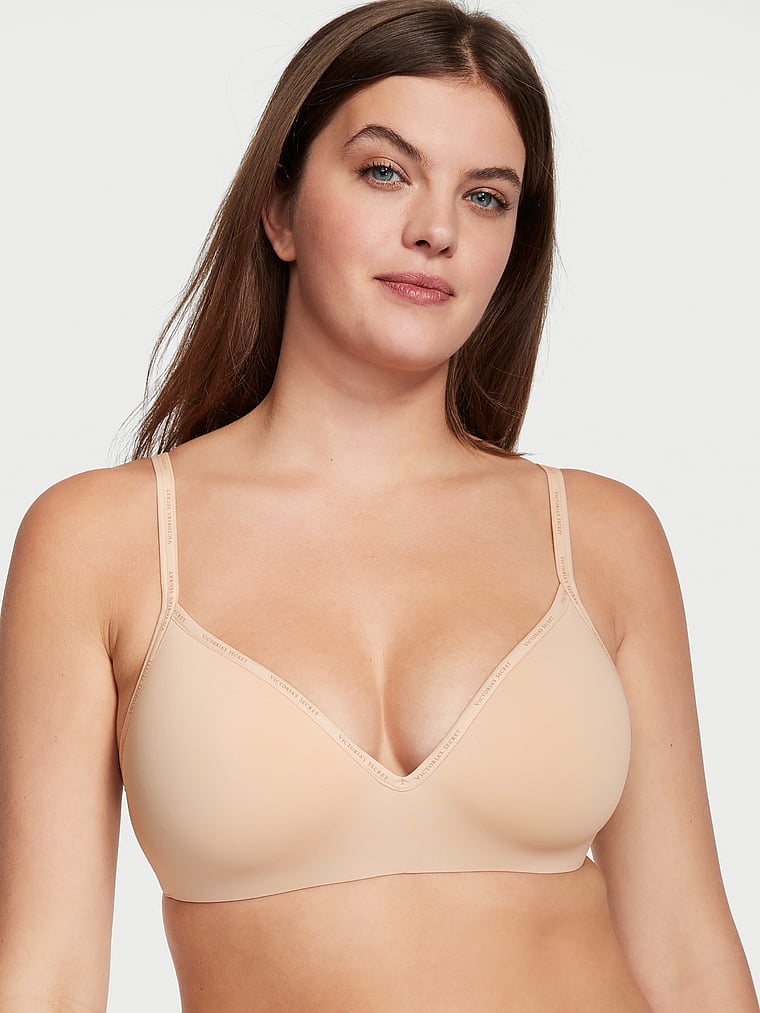 Victoria's Secret, The T-shirt Lightly Lined Pointelle Wireless Bra, Marzipan, onModelFront, 1 of 3 Abbey is 5'10" and wears 34DD (E) or Medium