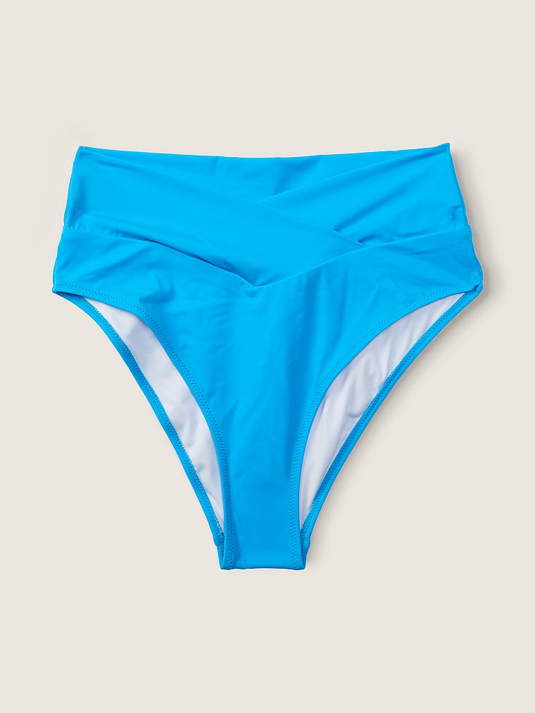 PINK V Crossover High-Waist Bikini Bottom, Bright Marine, offModelFront, 4 of 4