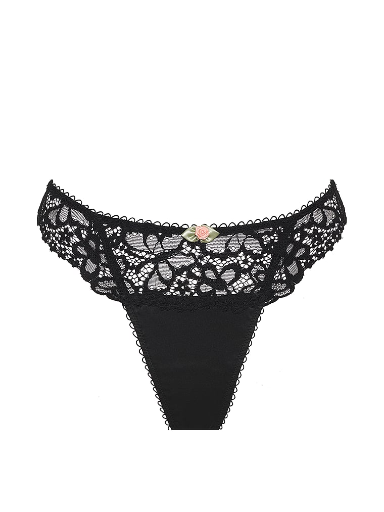 Victoria's Secret, For Love & Lemons Butterfly Lace Thong, Black, offModelFront, 4 of 5