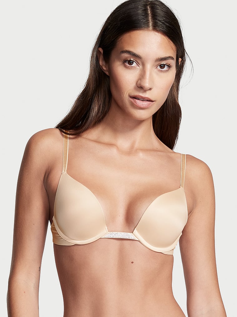 Victoria's Secret, Victoria's Secret Bare Plunge Convertible Shine Bra, Marzipan, onModelFront, 1 of 7 Rocio is 5'9" or 175cm and wears 34B or Small